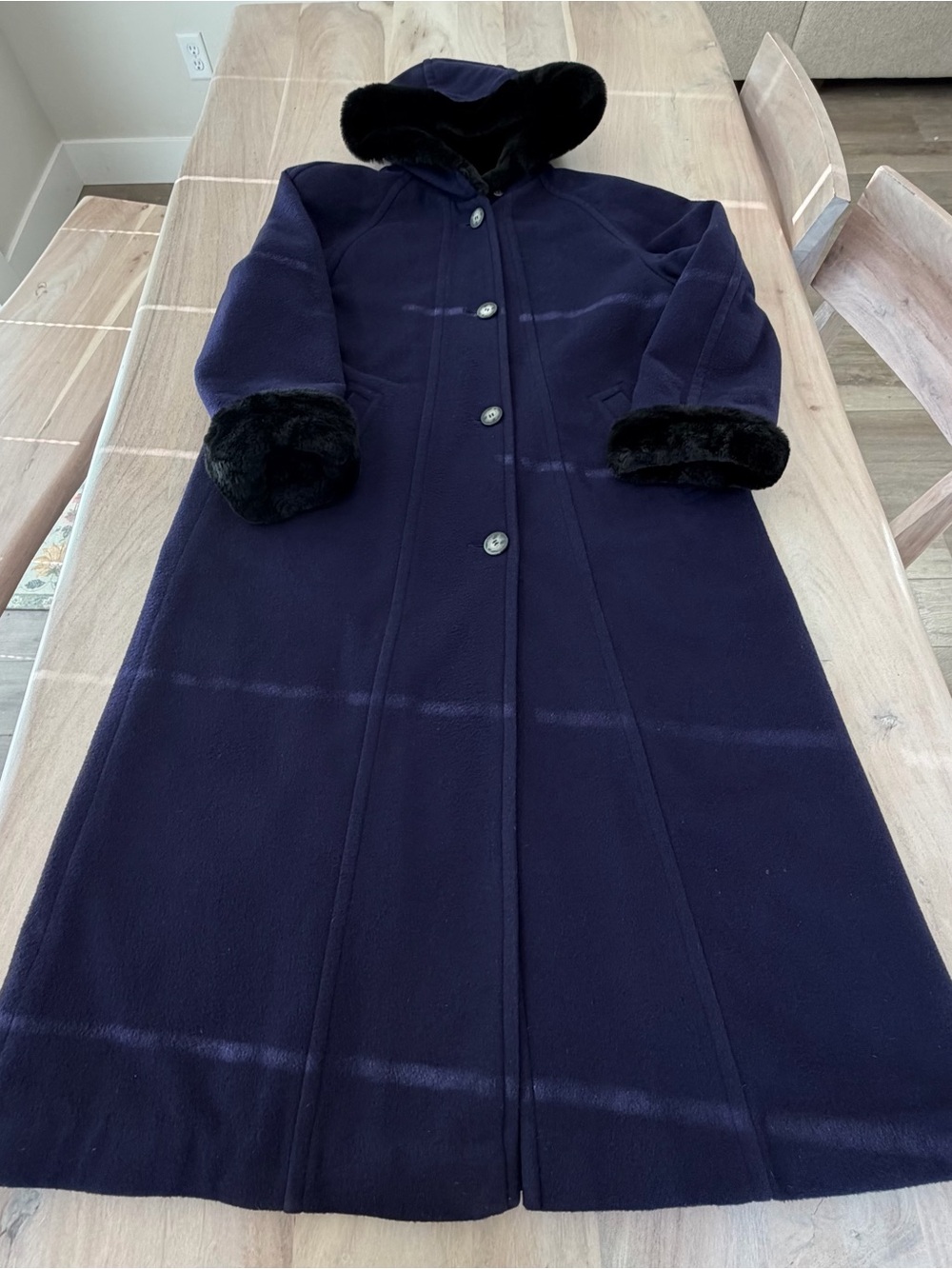 Vintage L.L. Bean Blue Wool Long Floor Length Coat Faux Fur Lined Thinsulate MED